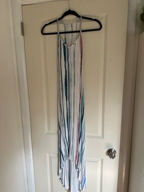 Nicole Miller White Maxi Dress with Teal and Pink Watercolor Stripes